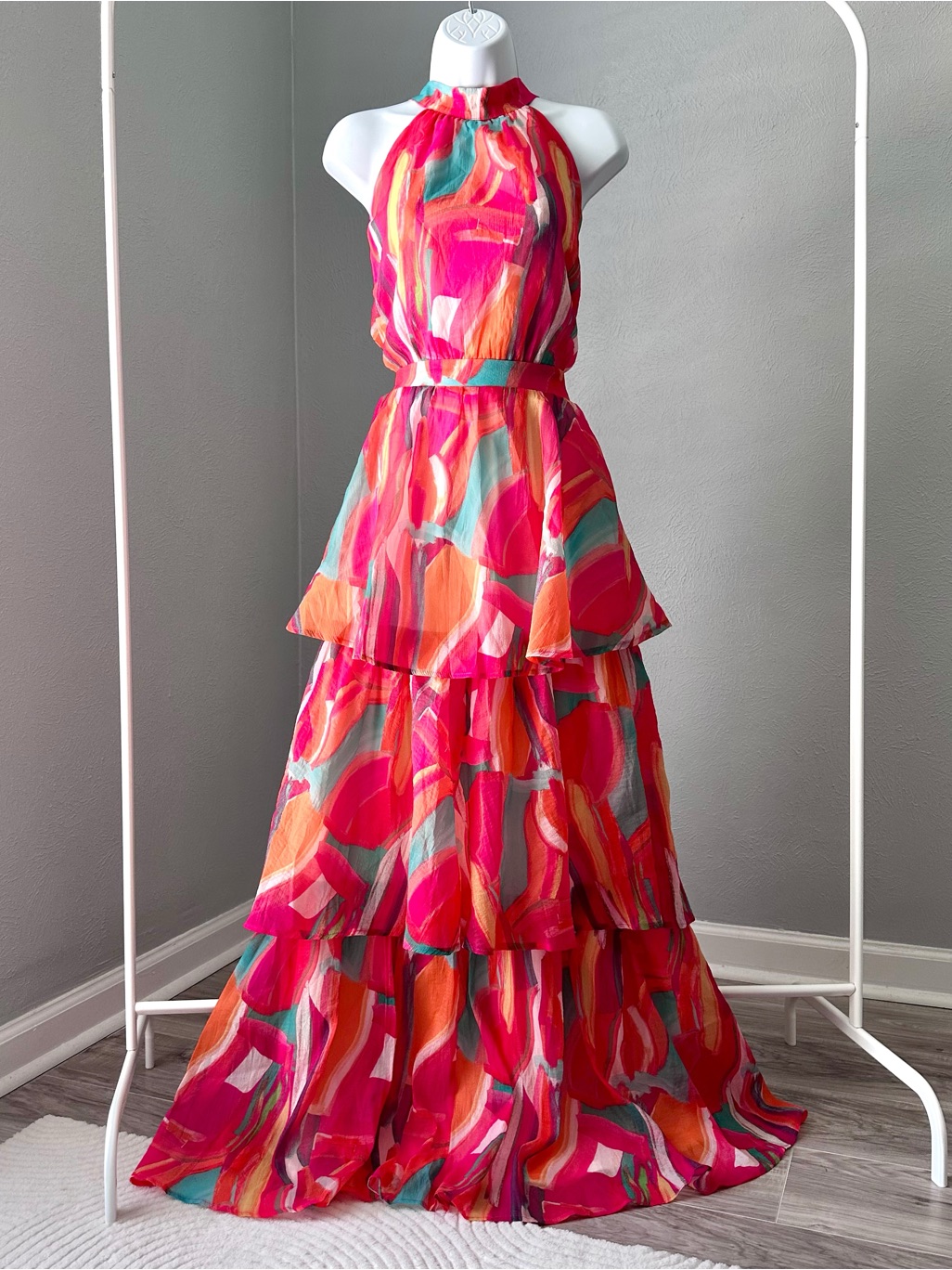 Vibrant Abstract Tiered Halter Maxi Dress
